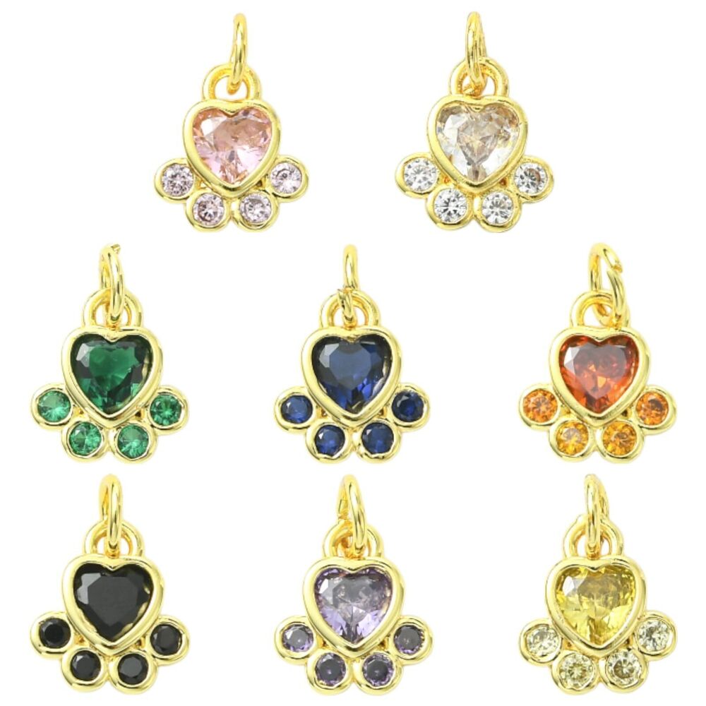 8718 8 pcs 8 Colors Paw Print Theme Brass Cubic Zirconia Charms Animal Dog